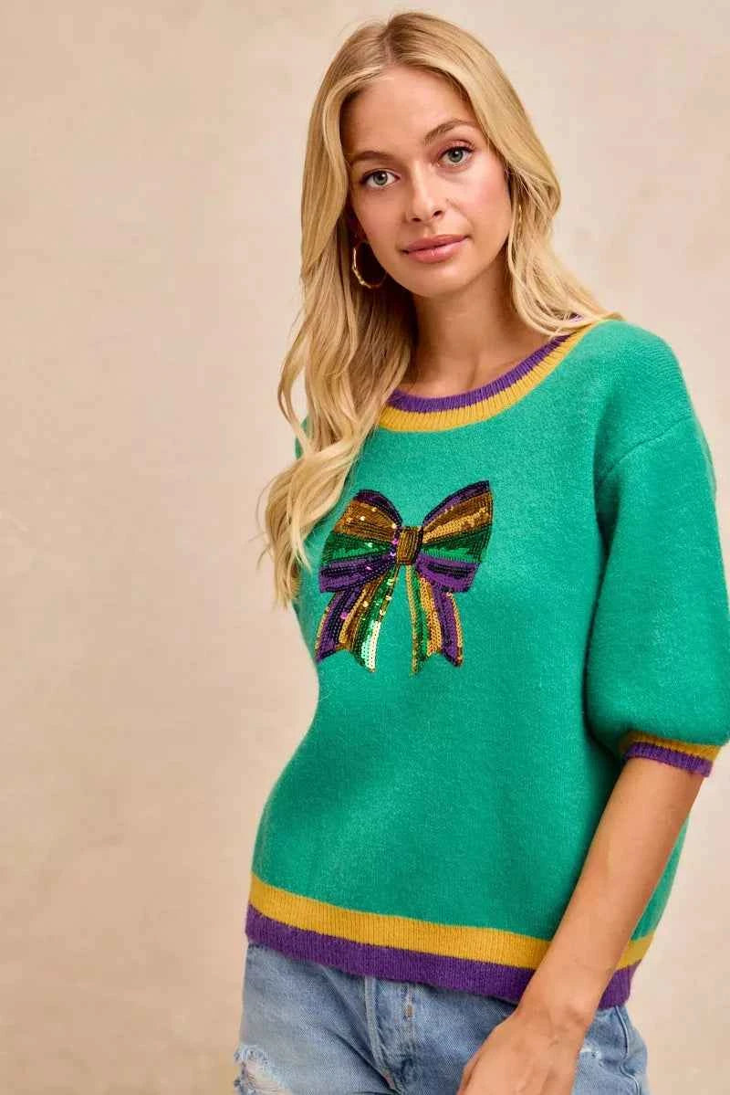 BiBi Mardi Gras Sequin Ribbon Patched Sweater
