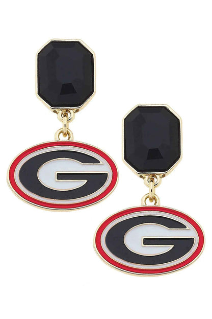 Georgia Bulldogs Rhinestone Enamel Logo Earrings in Shiny Gold