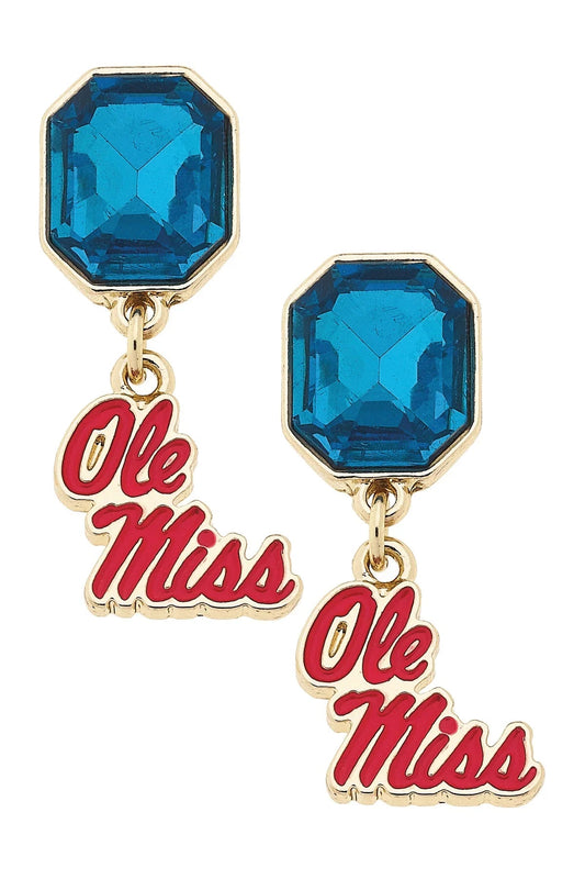 Ole Miss Rebels Rhinestone Enamel Logo Earrings in Shiny Gold