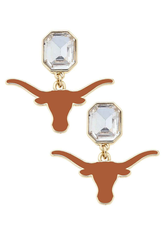 Texas Longhorns Rhinestone Enamel Logo Earrings in Shiny Gold