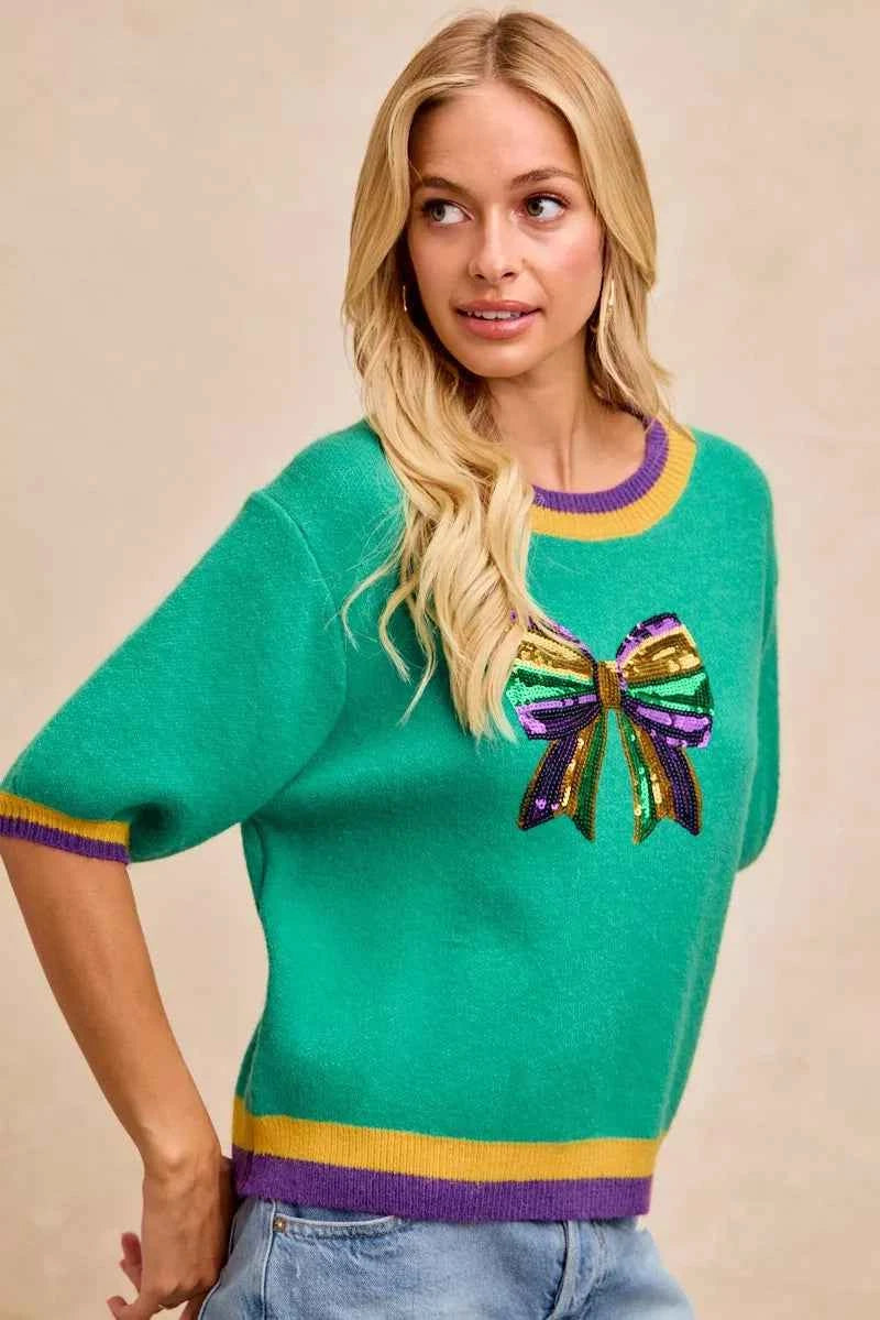 BiBi Mardi Gras Sequin Ribbon Patched Sweater