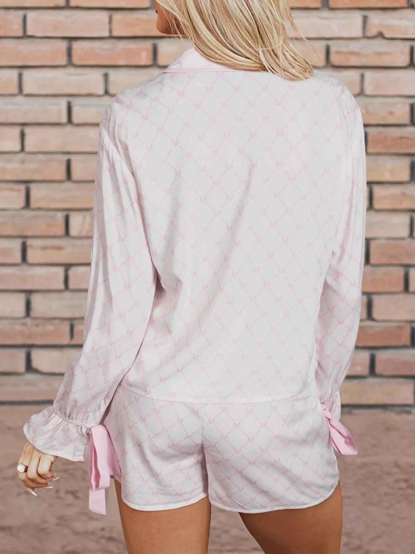 Bow Lattice Print Bow Ties 2pcs Pajama Set