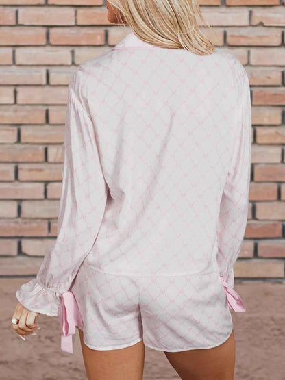 Bow Lattice Print Bow Ties 2pcs Pajama Set
