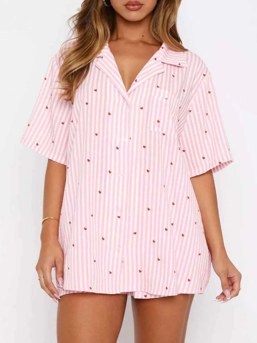 Love Notes Collared Neck Short Sleeve Top and Shorts Pajama Set