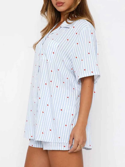 Love Notes Collared Neck Short Sleeve Top and Shorts Pajama Set