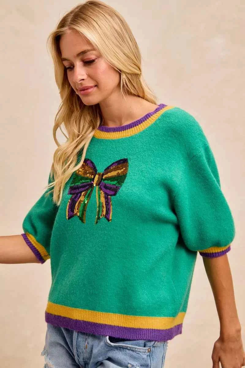BiBi Mardi Gras Sequin Ribbon Patched Sweater
