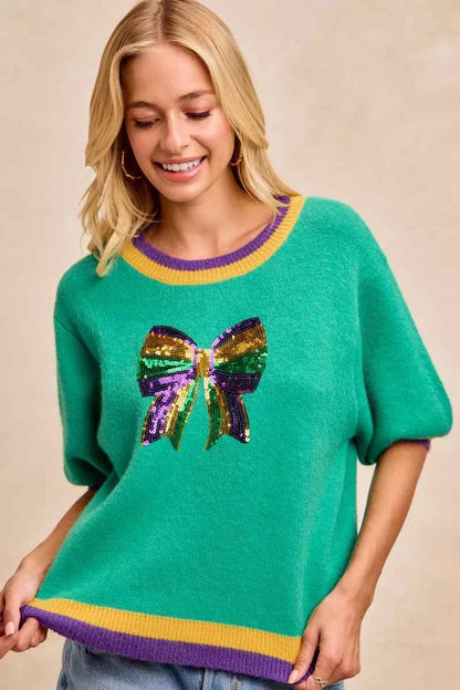 BiBi Mardi Gras Sequin Ribbon Patched Sweater