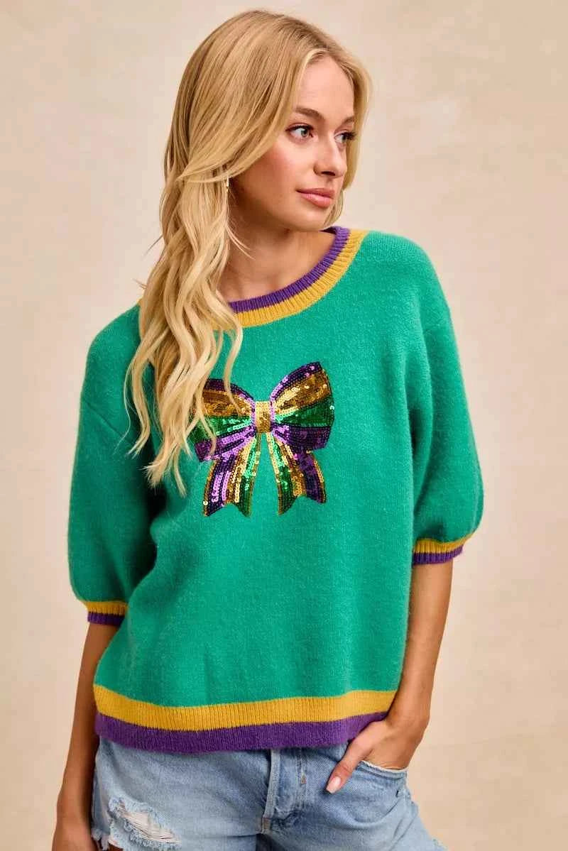 BiBi Mardi Gras Sequin Ribbon Patched Sweater