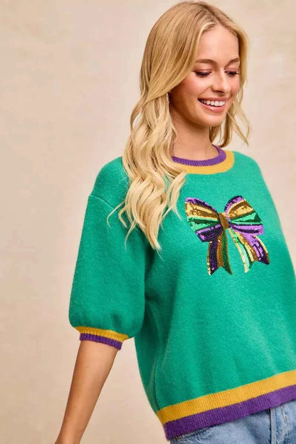 BiBi Mardi Gras Sequin Ribbon Patched Sweater