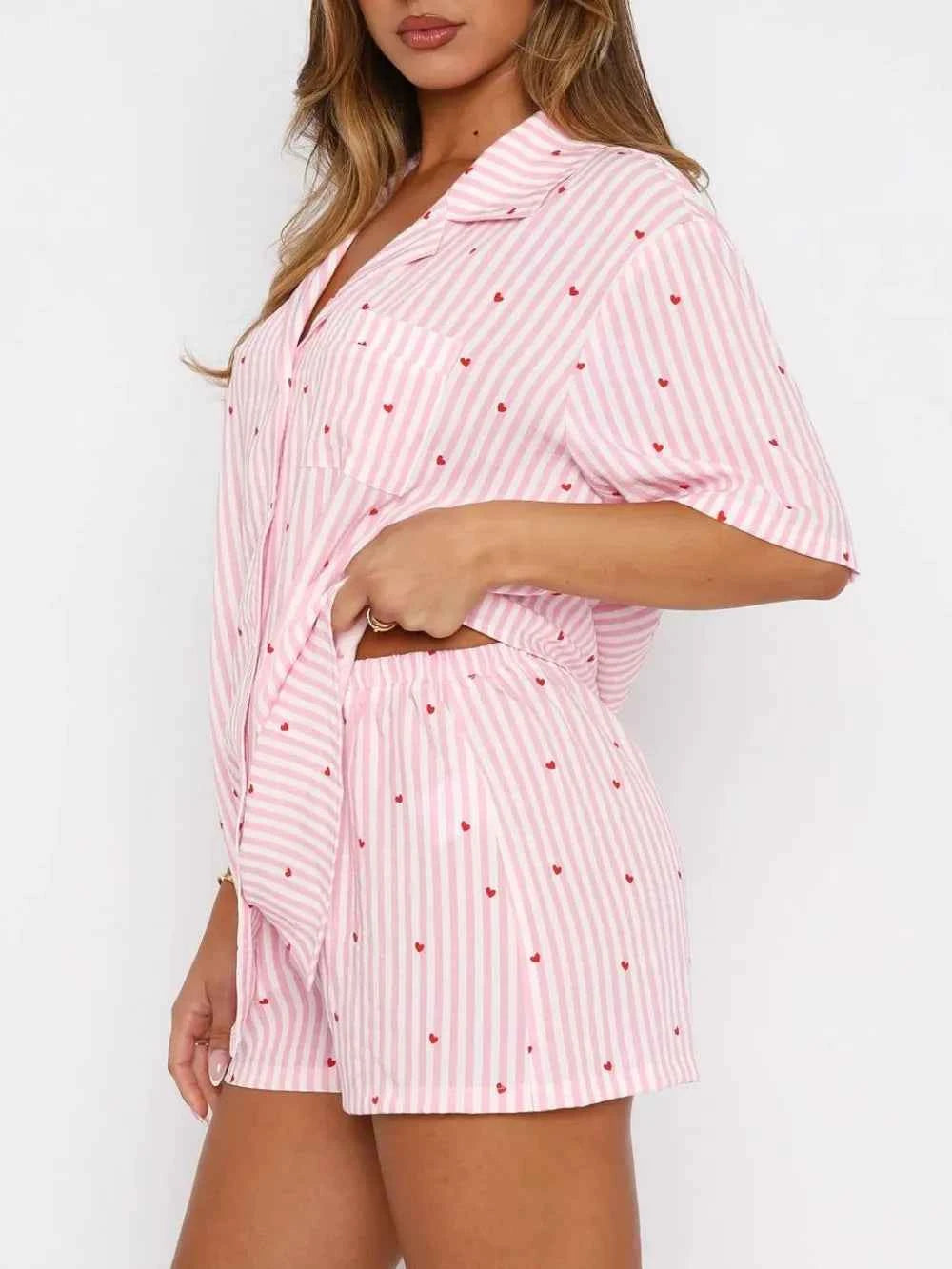 Love Notes Collared Neck Short Sleeve Top and Shorts Pajama Set