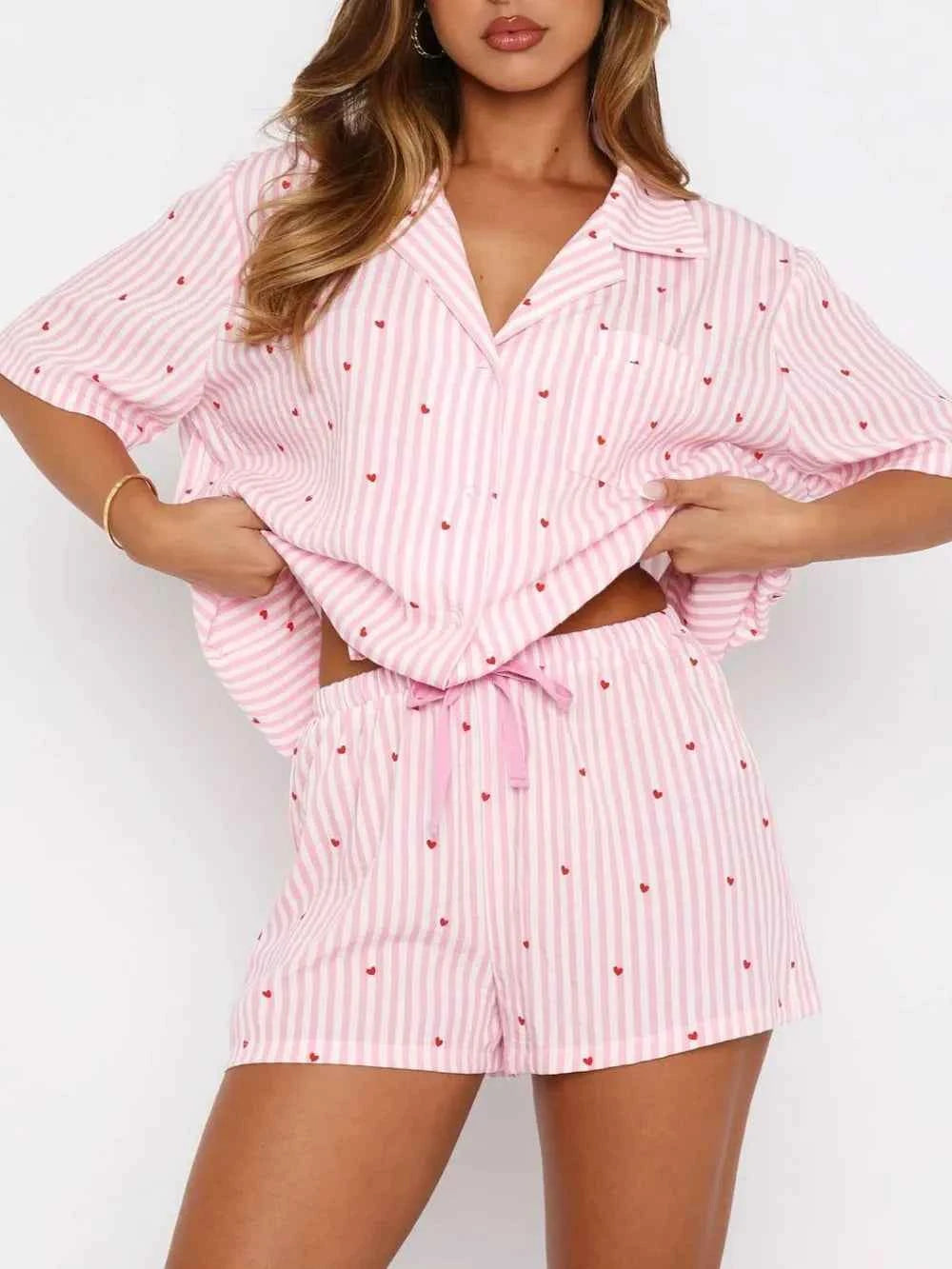 Love Notes Collared Neck Short Sleeve Top and Shorts Pajama Set