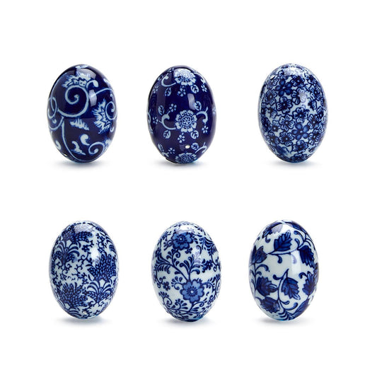 Blue and White Set of 6 Hand-Painted Chinoiserie Eggs in Gift Box