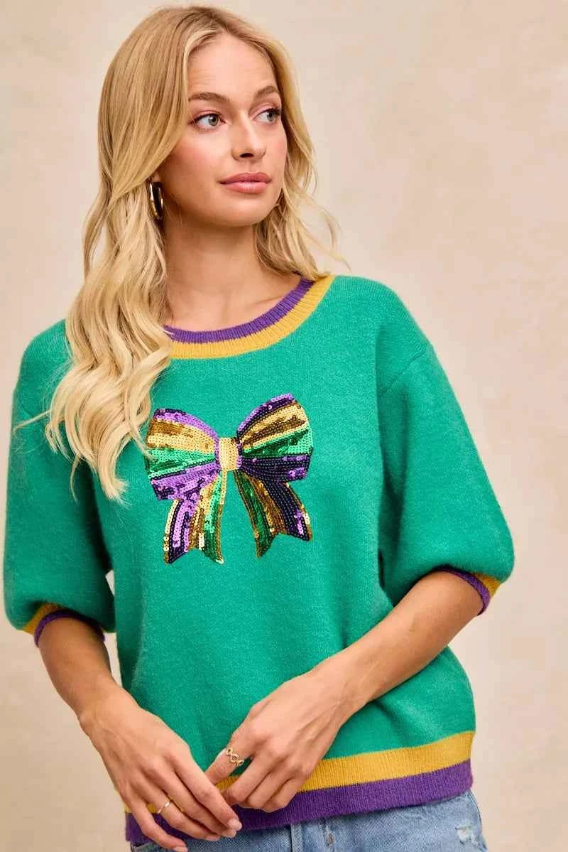 BiBi Mardi Gras Sequin Ribbon Patched Sweater