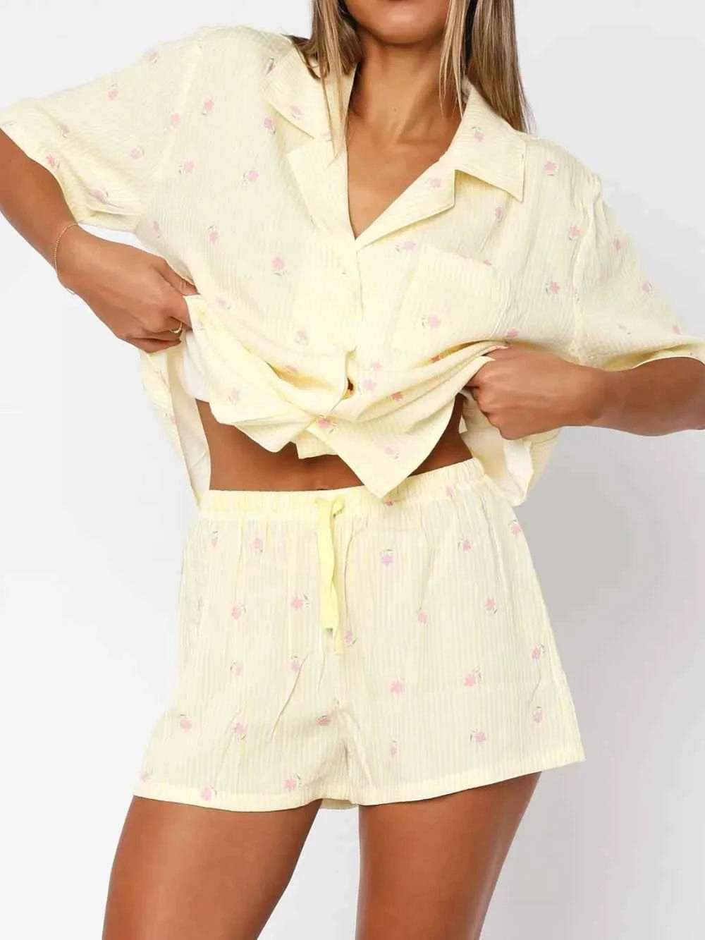 Love Notes Collared Neck Short Sleeve Top and Shorts Pajama Set