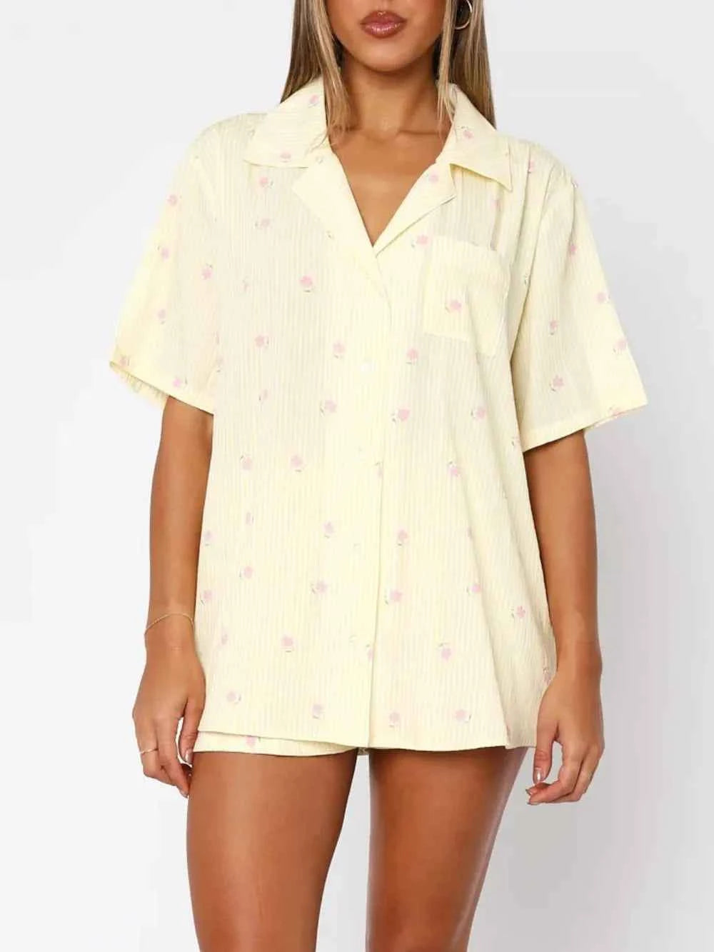 Love Notes Collared Neck Short Sleeve Top and Shorts Pajama Set