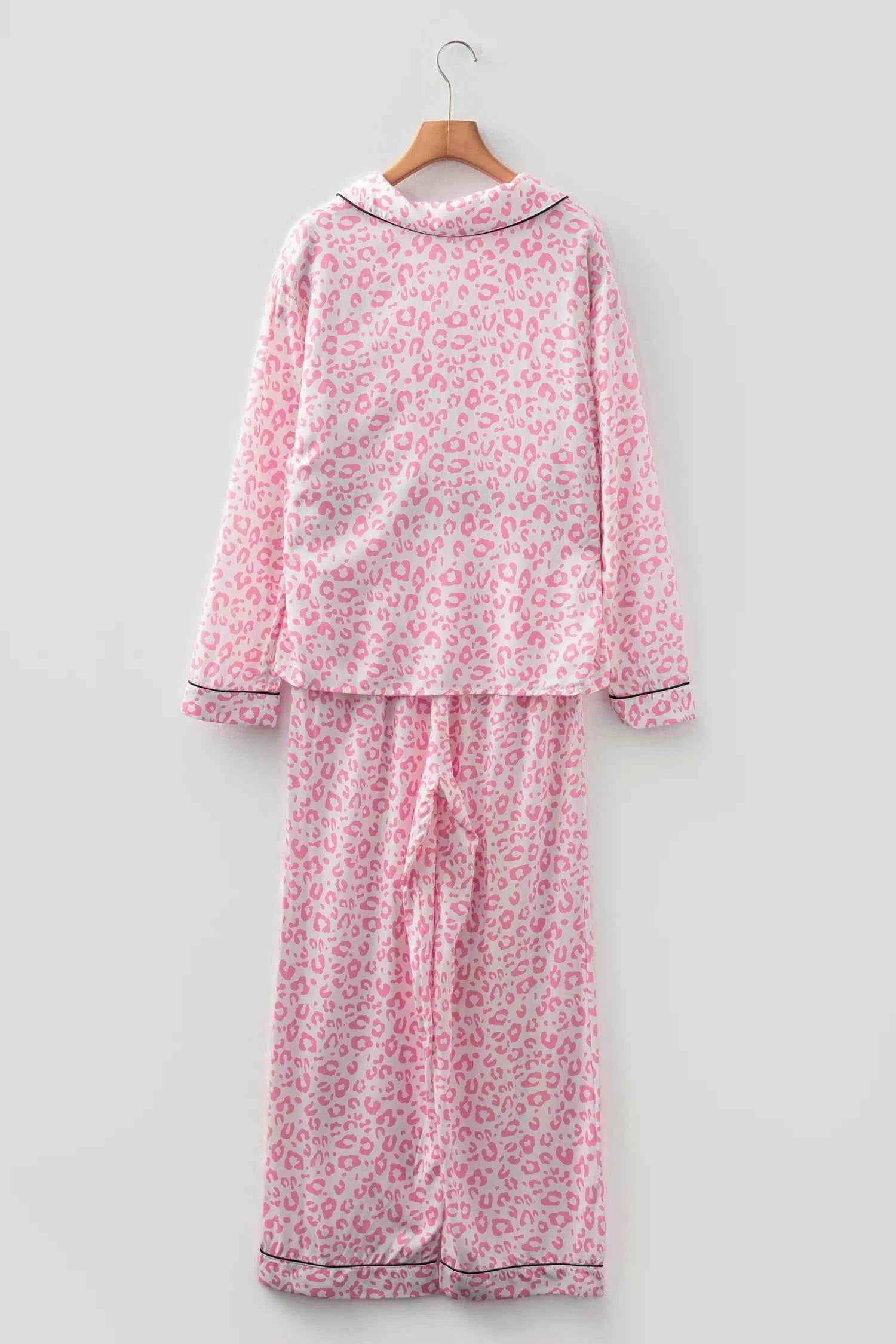 Leopard Print Button Up Top and Pants 2cps Pajama Set