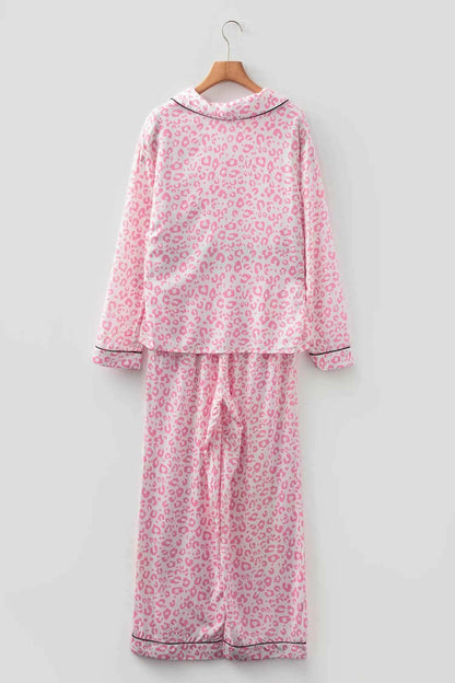 Leopard Print Button Up Top and Pants 2cps Pajama Set