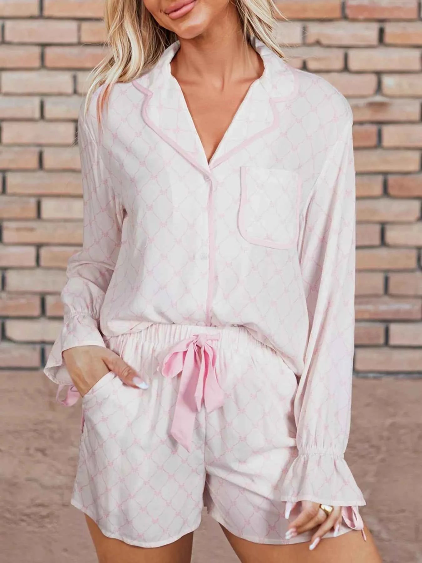 Bow Lattice Print Bow Ties 2pcs Pajama Set