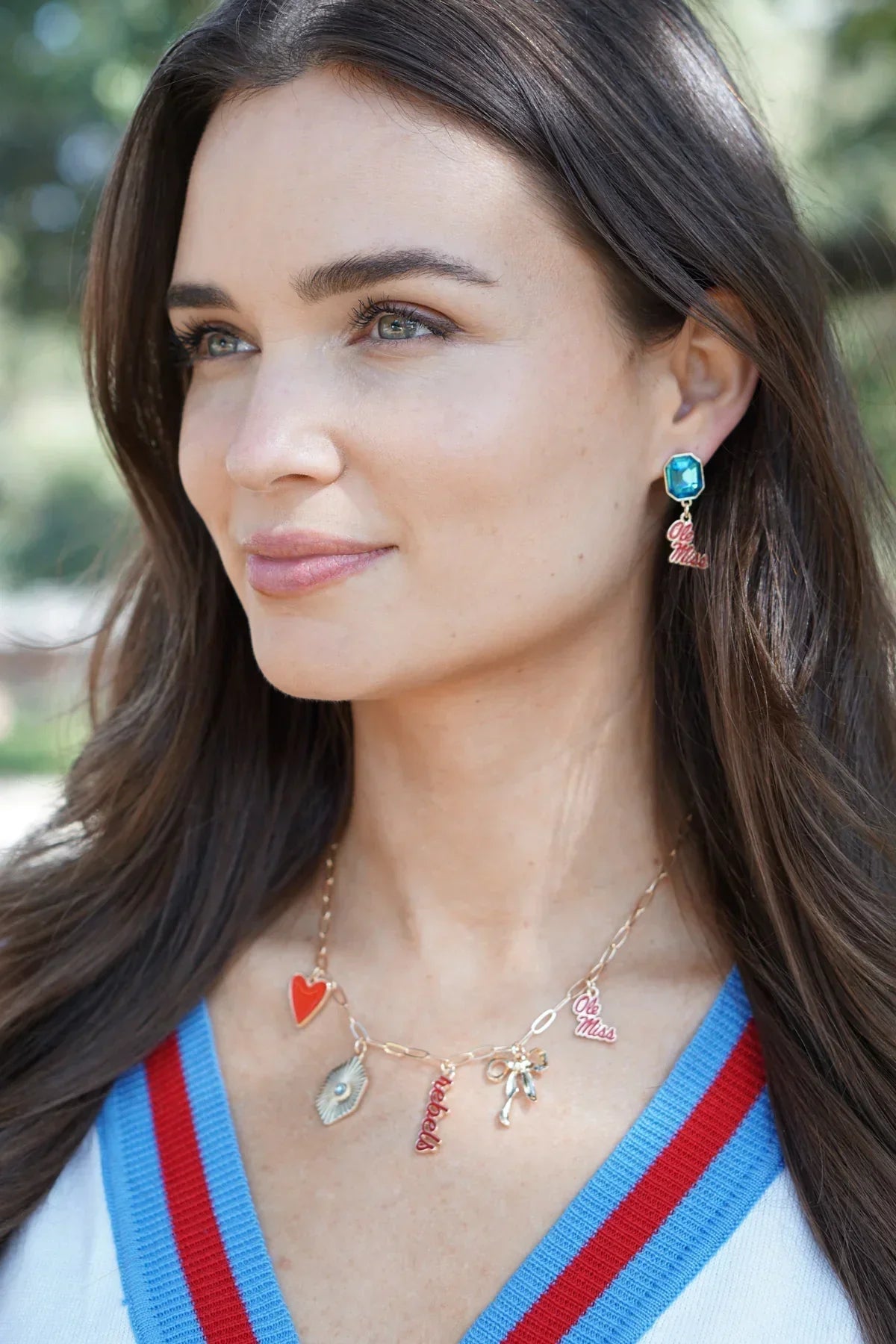 Ole Miss Rebels Rhinestone Enamel Logo Earrings in Shiny Gold
