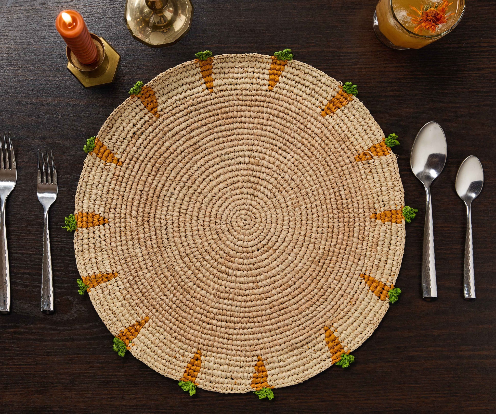 Handwoven Carrot Round Raffia Placemat – Artisan Table Décor