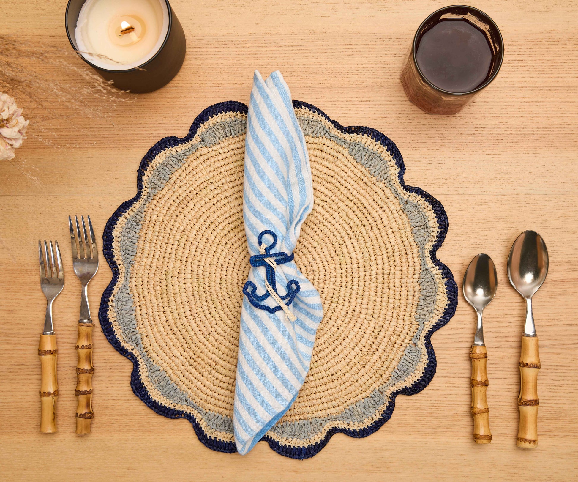 Nautical Anchor Napkin Rings – Coastal Table Decor, Handmade Raffia Napkin Holders, Set of 4 Blue and White Anchor Rings, Ocean Party Decor
