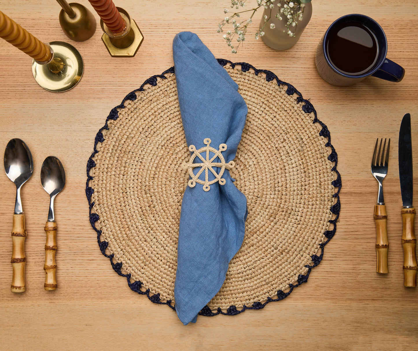 Coastal Ship Wheel Napkin Ring – 2.5” Handwoven Iraca Palm – Nautical Table Decor from Colombia