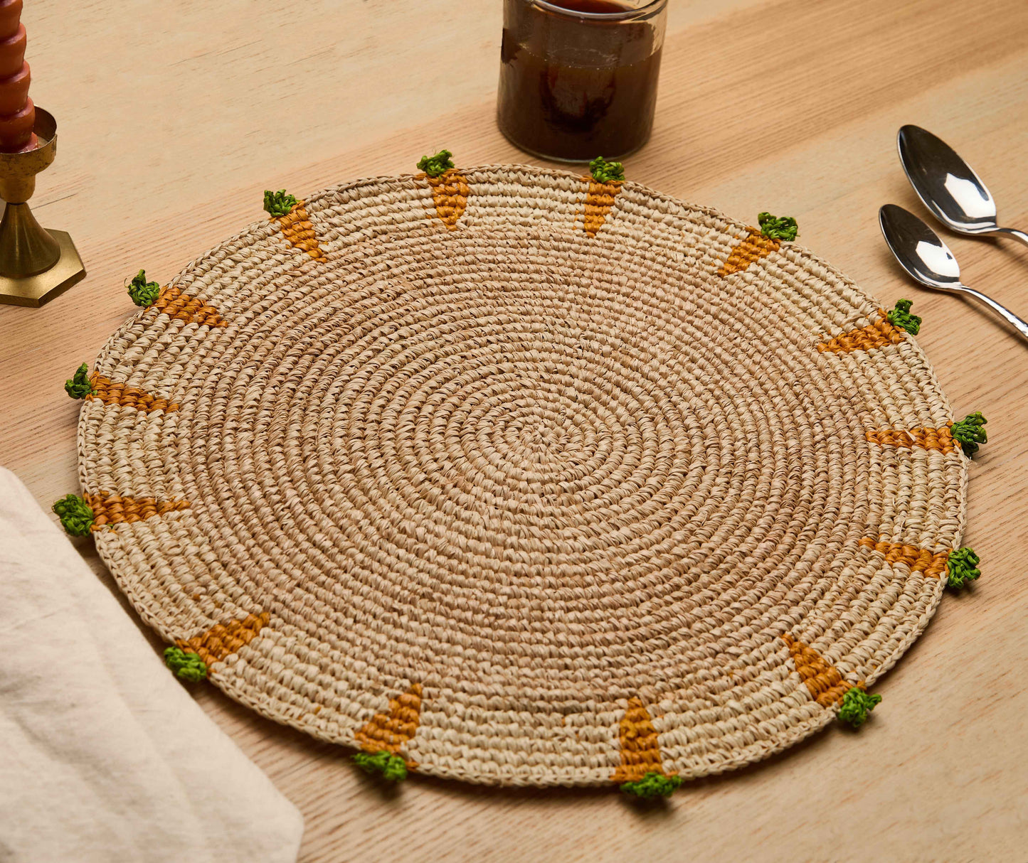 Handwoven Carrot Round Raffia Placemat – Artisan Table Décor