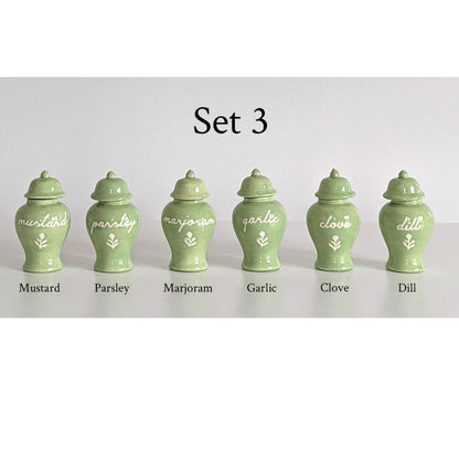 Chinoiserie Spice Jar Set 3 - mustard, parsley, marjoram, garlic, clove, and dill