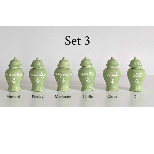 Chinoiserie Spice Jar Set 3 - mustard, parsley, marjoram, garlic, clove, and dill