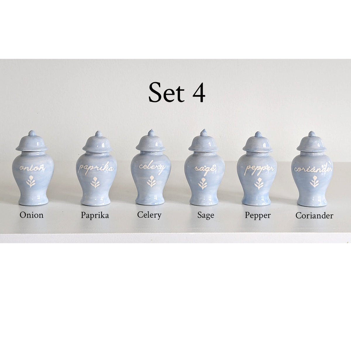Chinoiserie Spice Jar Set 4 - onion, paprika, celery, sage, pepper, & coriander