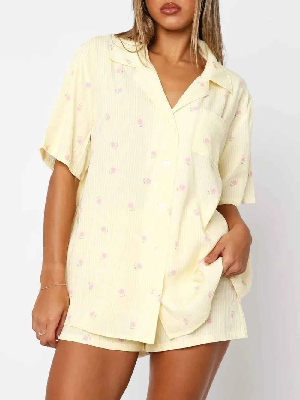 Love Notes Collared Neck Short Sleeve Top and Shorts Pajama Set