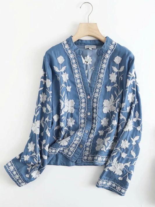 Blooming Blues Floral Embroidered Button Up Denim Shirt - Sorelle Gifts