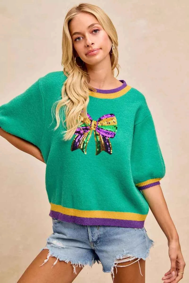BiBi Mardi Gras Sequin Ribbon Patched Sweater