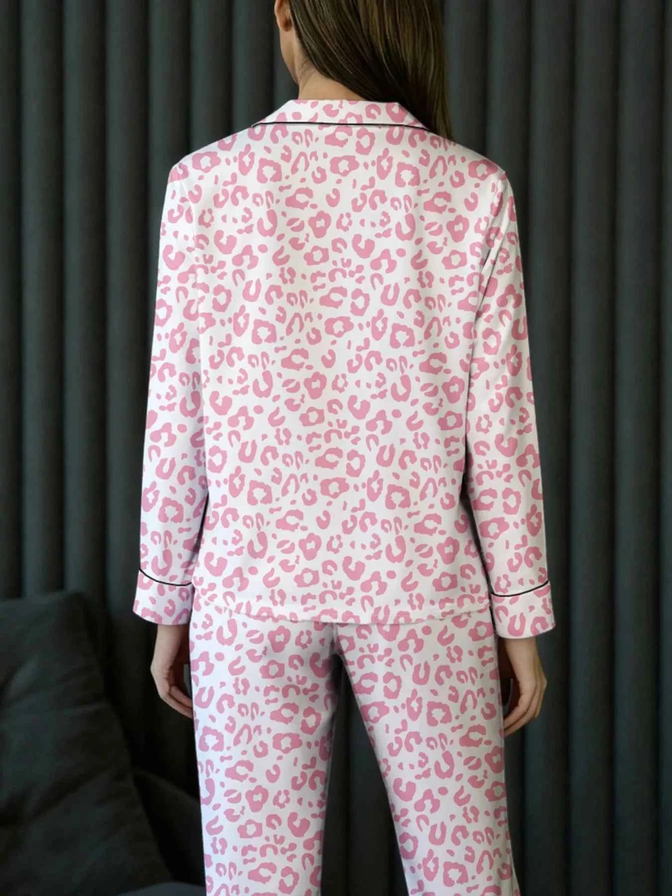 Leopard Print Button Up Top and Pants 2cps Pajama Set