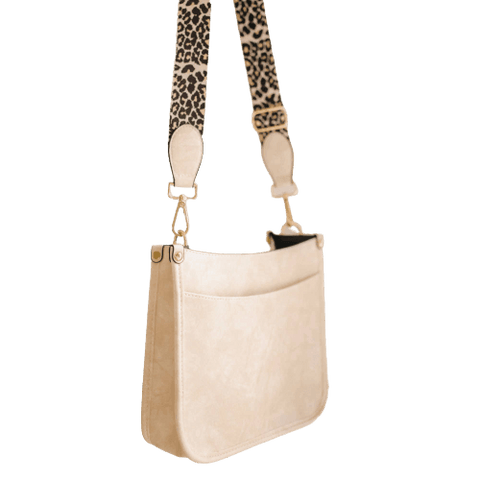 Beige Vegan Leather Crossbody Bag with Leopard Canvas Strap – Sorelle Gifts