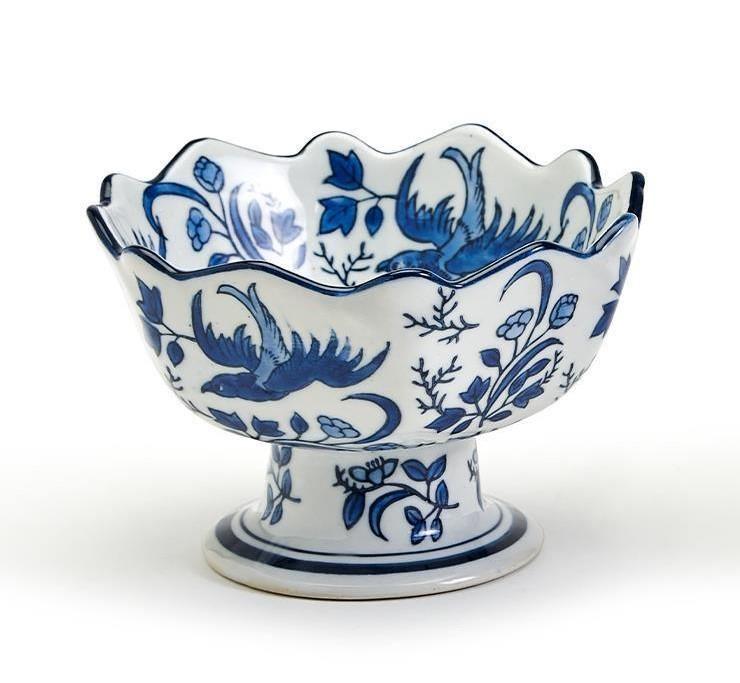 Blue and White Chinoiserie Scalloped Edge Footed Bowl - Sorelle Gifts