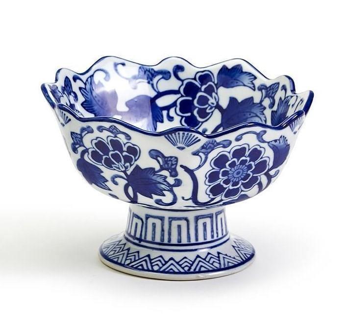 Blue and White Chinoiserie Scalloped Edge Footed Bowl - Sorelle Gifts