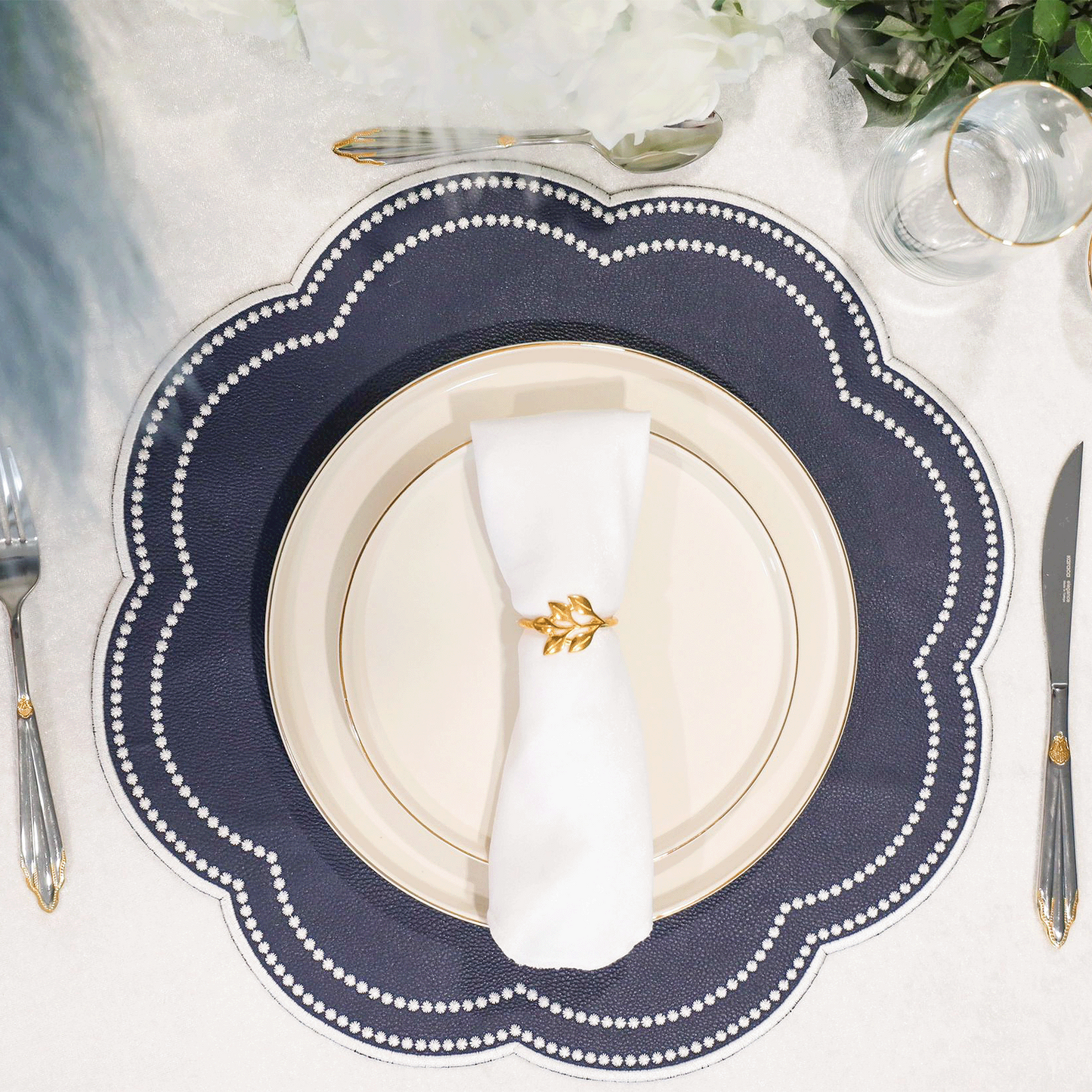 Nurture Navy Blue Scalloped Faux Leather Embroidered Placemat