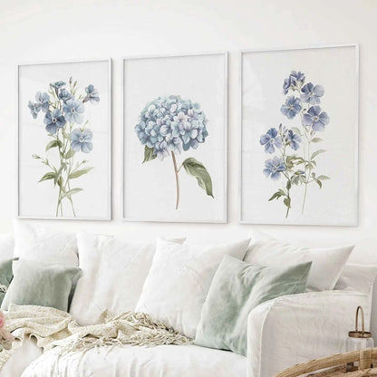 Blue Hydrangea Flower Wall Art. Floral Set of 3 Prints
