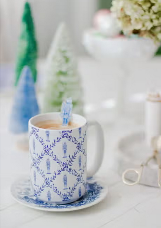 Grandmillennial Blue and White Nutcracker Trellis Watercolor Mug