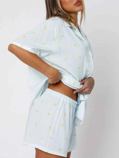 Love Notes Collared Neck Short Sleeve Top and Shorts Pajama Set