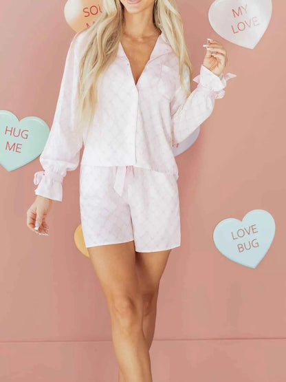 Bow Lattice Print Bow Ties 2pcs Pajama Set