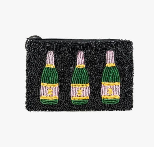 Cheers Dears Black Champagne Bottle Hand Beaded Zip Pouch - Sorelle Gifts