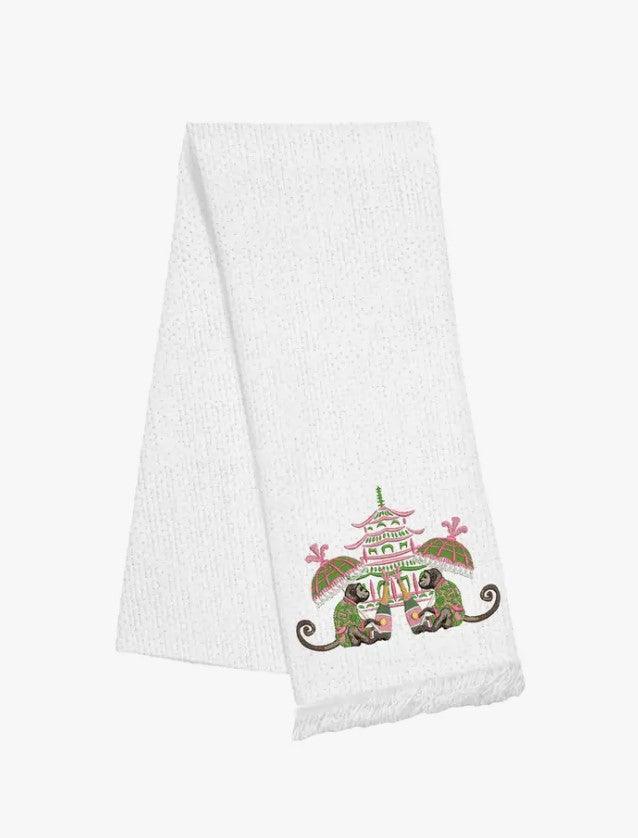 Chinoiserie Cheers Monkey Fringe Linen Towel - Sorelle Gifts