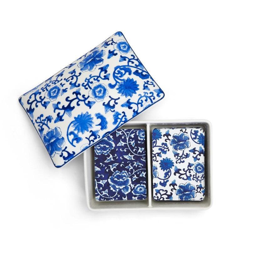 Chinoiserie Double Deck Playing Cards in Blue and White Ceramic Storage Box - Sorelle Gifts