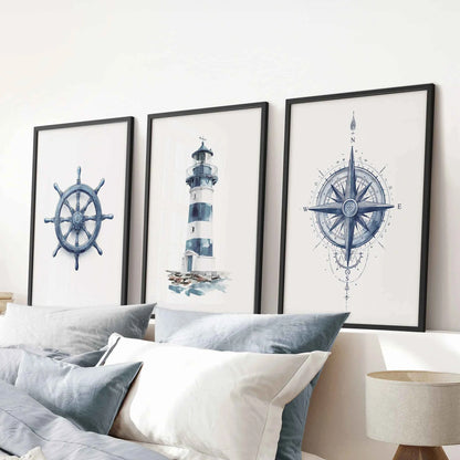 Navy Blue Nautical 3 Piece Art. Lighthouse, Compass Prints