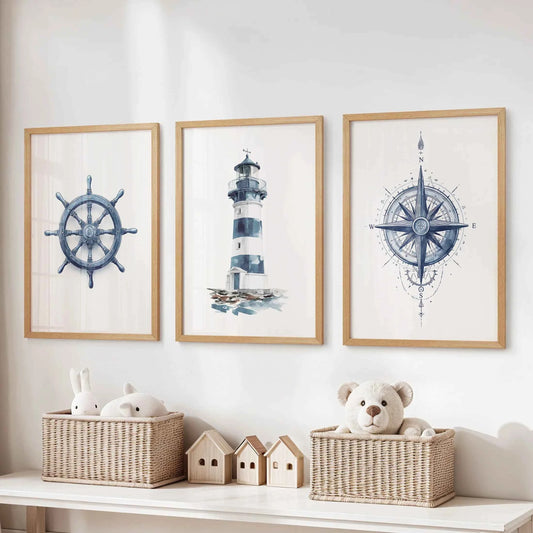 Navy Blue Nautical 3 Piece Art. Lighthouse, Compass Prints