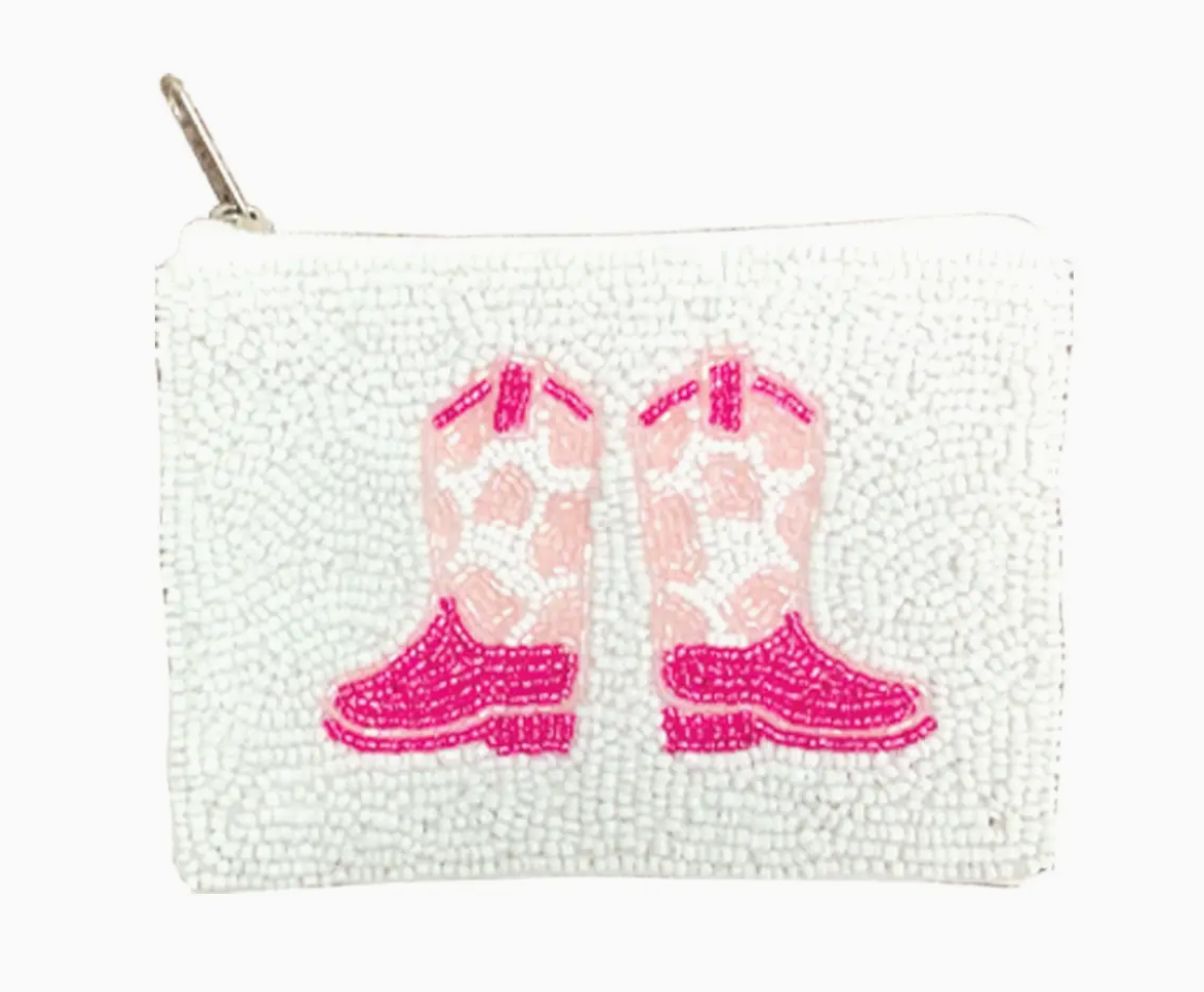 Pink Cowgirl Boots Beaded Coin Purse / Card Holder