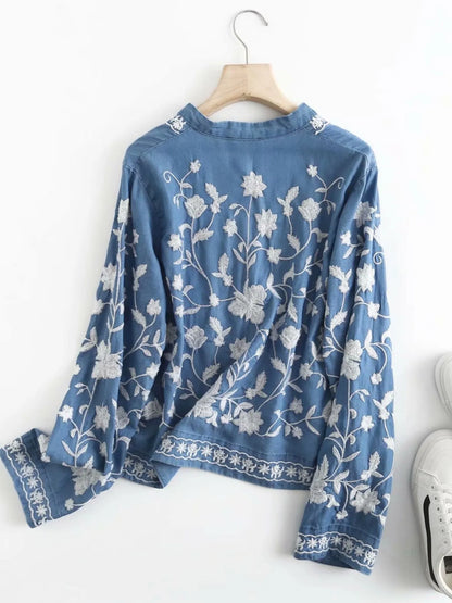 Blooming Blues Floral Embroidered Button Up Denim Shirt - Sorelle Gifts