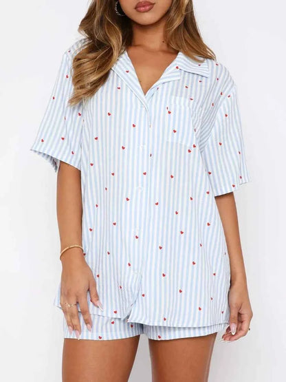 Love Notes Collared Neck Short Sleeve Top and Shorts Pajama Set